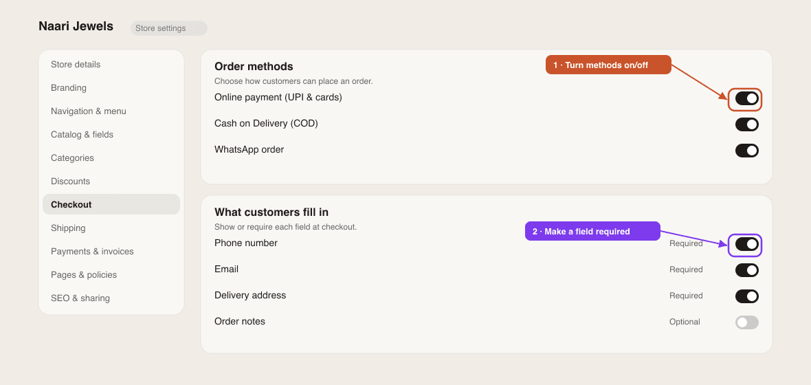 Checkout settings showing order-method toggles and the checkout form fields