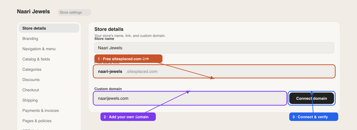 The Store details settings showing the slug and custom domain fields with connection options