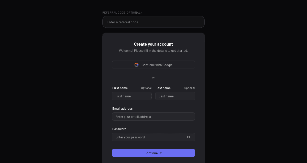 The SitesPlaced sign-up screen with Continue with Google and email options